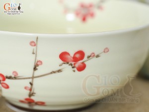 Bát tô men kem vẽ hoa Đào đỏ, đường kính 16cm