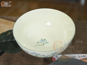 Bát tô men kem vẽ hoa Sen xanh, đường kính 16cm