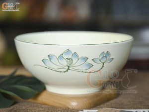Bát tô men kem vẽ hoa Sen xanh, đường kính 18cm