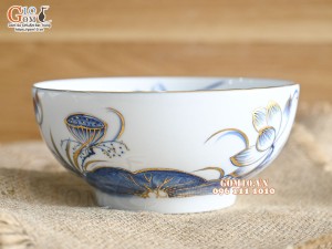 Bát tô men trắng hoa Sen tràm cổ vẽ vàng 24k, đường kính 16cm