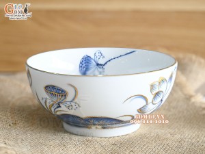 Bát tô men trắng hoa Sen tràm cổ vẽ vàng 24k, đường kính 16cm