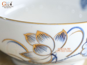 Bát tô men trắng hoa Sen tràm cổ vẽ vàng 24k, đường kính 16cm