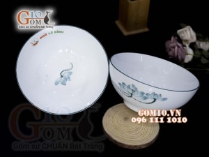 Bát tô men trắng vẽ Sen xanh, in logo thương hiệu