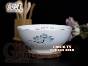 Bát tô men trắng vẽ Sen xanh, in logo thương hiệu