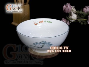 Bát tô men trắng vẽ Sen xanh, in logo thương hiệu
