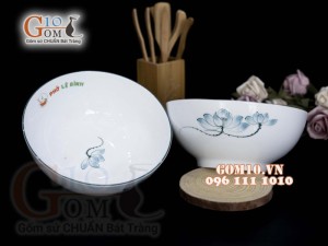 Bát tô men trắng vẽ Sen xanh, in logo thương hiệu