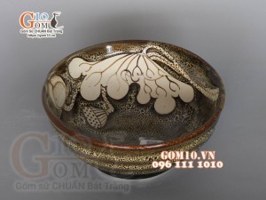 Bát tô nông men hỏa biến gấm vàng dáng vuốt khắc sen, 16,5cm