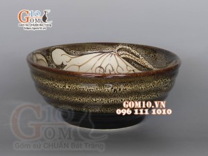 Bát tô nông men hỏa biến gấm vàng dáng vuốt khắc sen, 16,5cm