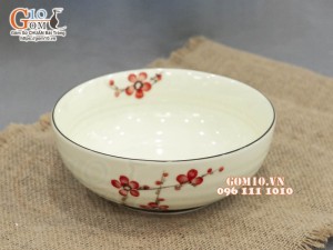 Bát tô nông men kem vẽ hoa Đào đỏ, đường kính 19.5cm