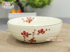 Bát tô nông men kem vẽ hoa Đào đỏ, đường kính 19.5cm