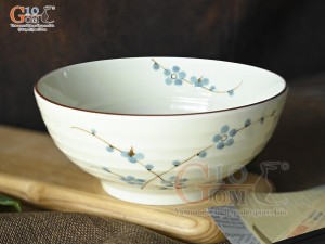Bát tô nông men kem vẽ hoa Đào xanh, đường kính 16cm