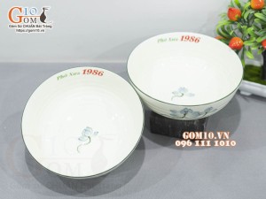 Bát tô nông men kem vẽ hoa sen xanh 20cm, in logo