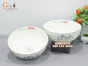 Bát tô nông men kem vẽ hoa sen xanh 20cm, in logo