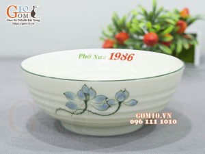 Bát tô nông men kem vẽ hoa sen xanh 20cm, in logo