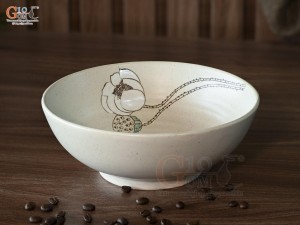 Bát tô nông vân vuốt men kem tấm vẽ Bạch Liên, đường kính 20cm