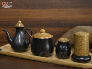 Bát tô phở gốm vàng kèm set gia vị nhà hàng, đường kính 18cm