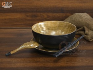 Bát tô phở gốm vàng kèm set gia vị nhà hàng, đường kính 18cm