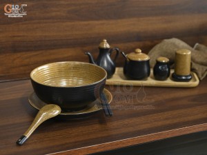 Bát tô phở gốm vàng kèm set gia vị nhà hàng, đường kính 18cm