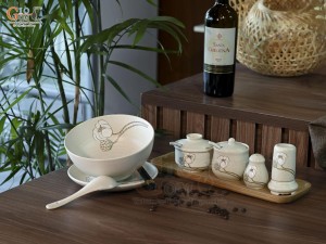 Bát tô phở men kem tấm vẽ Bạch Liên kèm set gia vị nhà hàng, đường kính 18cm