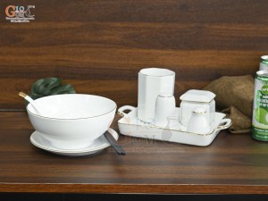 Bát tô phở men trắng kẻ chỉ vàng kèm set gia vị nhà hàng, đường kính 18cm