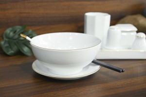 Bát tô phở men trắng kẻ chỉ vàng kèm set gia vị nhà hàng, đường kính 18cm