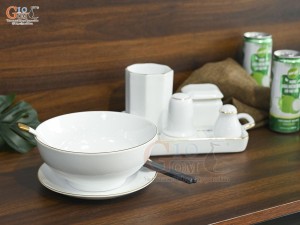 Bát tô phở men trắng kẻ chỉ vàng kèm set gia vị nhà hàng, đường kính 18cm