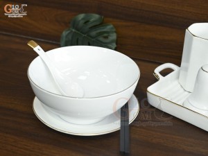 Bát tô phở men trắng kẻ chỉ vàng kèm set gia vị nhà hàng, đường kính 18cm