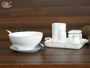 Bát tô phở men trắng kẻ chỉ vàng kèm set gia vị nhà hàng, đường kính 18cm
