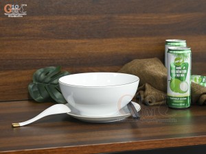 Bát tô phở men trắng kẻ chỉ vàng kèm set gia vị nhà hàng, đường kính 18cm