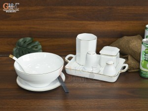Bát tô phở men trắng kẻ chỉ vàng kèm set gia vị nhà hàng, đường kính 18cm