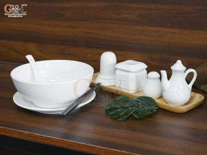 Bát tô phở men trắng kèm set gia vị nhà hàng, đường kính 18cm