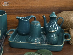 Bát tô phở men xanh kẻ chỉ vàng kèm set gia vị nhà hàng, đường kính 18cm