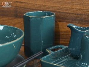 Bát tô phở men xanh kẻ chỉ vàng kèm set gia vị nhà hàng, đường kính 18cm