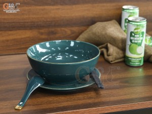 Bát tô phở men xanh kẻ chỉ vàng kèm set gia vị nhà hàng, đường kính 18cm