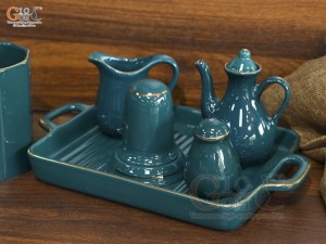 Bát tô phở men xanh kẻ chỉ vàng kèm set gia vị nhà hàng, đường kính 18cm