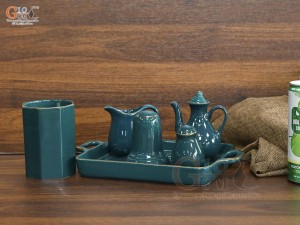 Bát tô phở men xanh kẻ chỉ vàng kèm set gia vị nhà hàng, đường kính 18cm