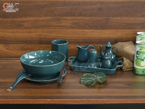 Bát tô phở men xanh kẻ chỉ vàng kèm set gia vị nhà hàng, đường kính 18cm