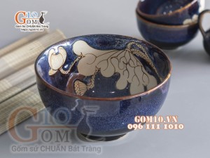 Bát tô sâu men hỏa biến xanh đá khắc sen, đường kính 18cm