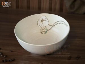 Bát tô sâu vân vuốt men kem tấm vẽ Bạch Liên, đường kính 18cm