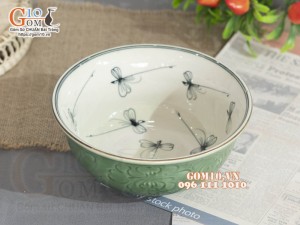 Bát tô sâu xanh đồng vẽ Chuồn kim, đường kính 16cm