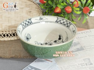 Bát tô sâu xanh đồng vẽ Sen, đường kính 20cm