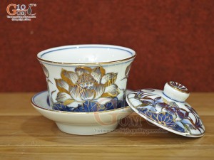 Bát trà sâm men lam cổ vẽ Sen Tài Lộc vẽ vàng 24k, đường kính 10cm