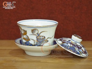 Bát trà sâm men lam cổ vẽ Sen Tài Lộc vẽ vàng 24k, đường kính 10cm