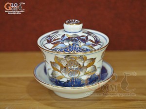 Bát trà sâm men lam cổ vẽ Sen Tài Lộc vẽ vàng 24k, đường kính 10cm