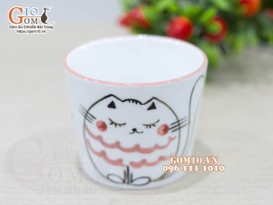 Bát trụ đứng men trắng vẽ Mèo Ú chỉ hồng, đường kính 10cm