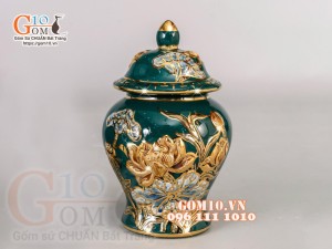 Chóe thờ Xanh lục bảo đắp nổi Sen - vẽ vàng 24k, cao 15cm