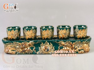Kỷ 5 chén thẳng Xanh lục bảo đắp nổi Rồng - vẽ vàng 24k