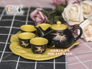 Bộ ấm chén thờ men gốm lòng vàng - khắc trúc