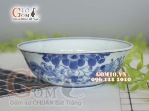 Bát tô loe men lam cổ vẽ hoa Sen dây, đường kính 19cm