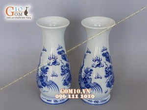  Đôi lọ hoa men lam vẽ Rồng Phượng, cao 26cm